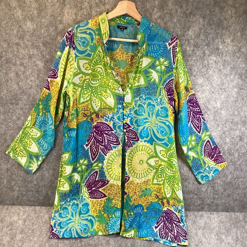 Azulu Colorful Sheer Beach Cover Up Tunic 100% Cotton Size Medium